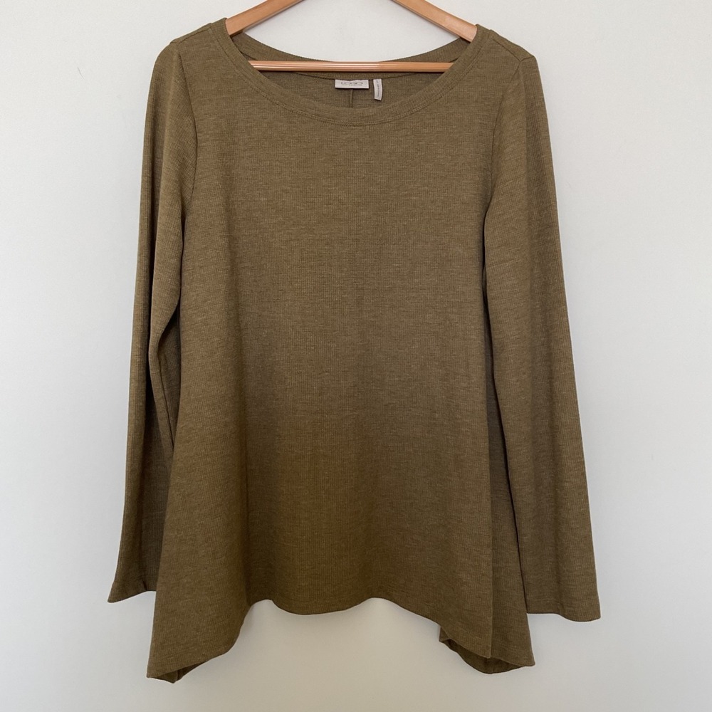 LOGO Lori Goldstein Waffle Knit Tunic Top L Asymmetrical Hem Lagenlook Boho